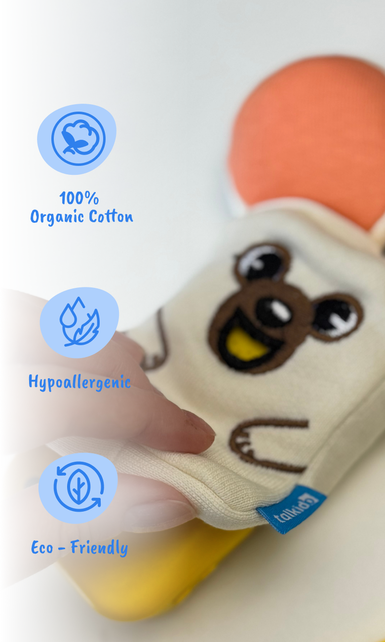 Close-up of the Puki case — 100% organic cotton, hypoallergenic, eco-friendly