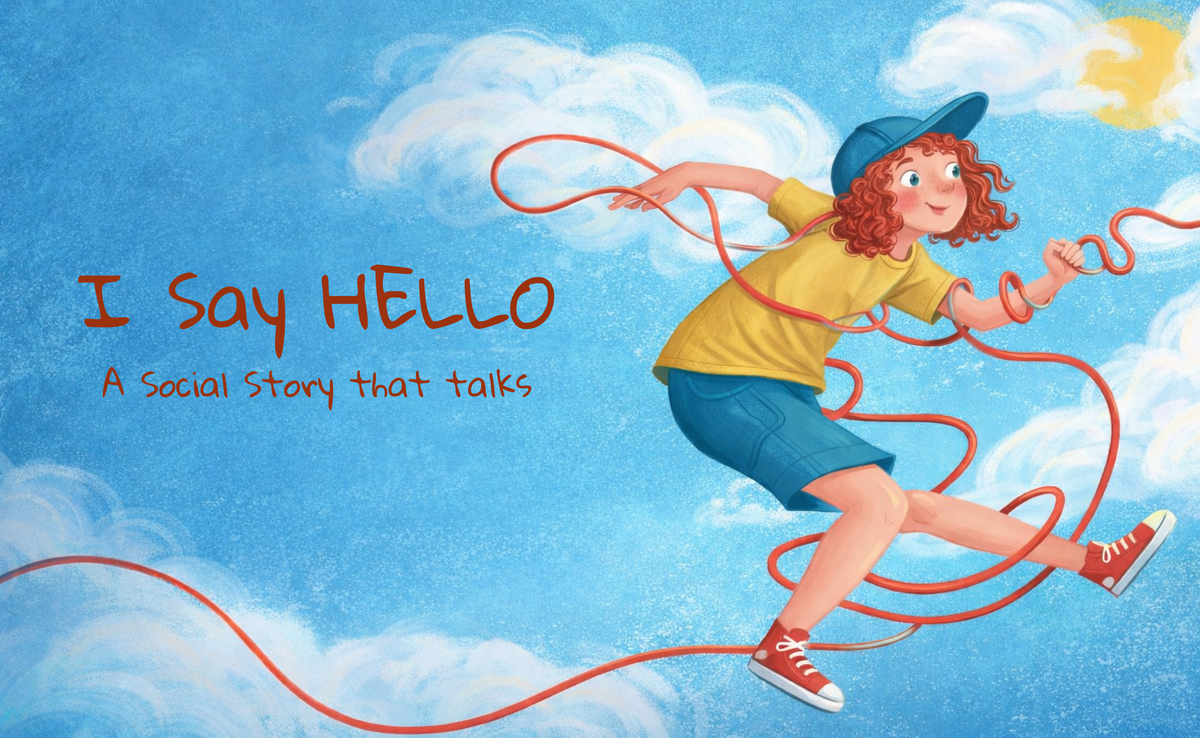 I Say Hello: a girl with red hair leaping through the clouds