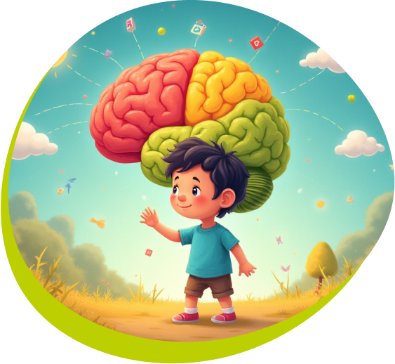 A child beside a colourful brain illustration