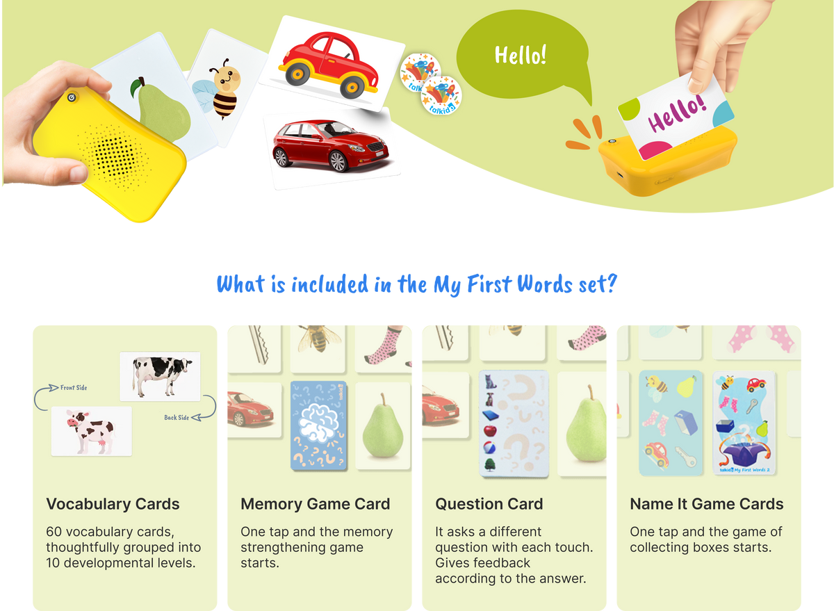 What is included in the My First Words set: vocabulary cards, a memory game card, a question card and name it game cards